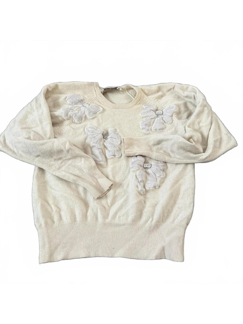 KENAR Ivory Bow Embellished Soft Knit Sweater Cottagecore Coquette Small